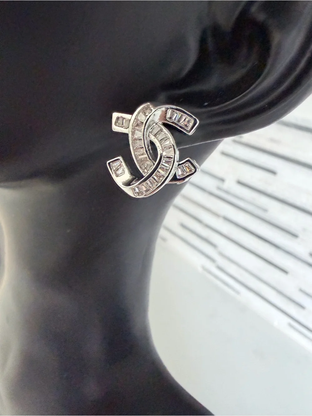 Chanel Crystal Interlocking Logo Stud Earrings - Silver